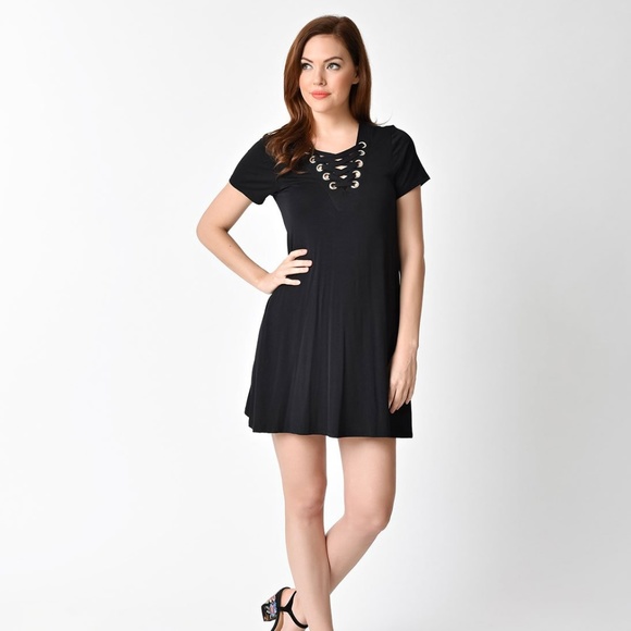 Unique Vintage Dresses & Skirts - 1970s Style Black Short Sleeve Lace Up Knit Shift